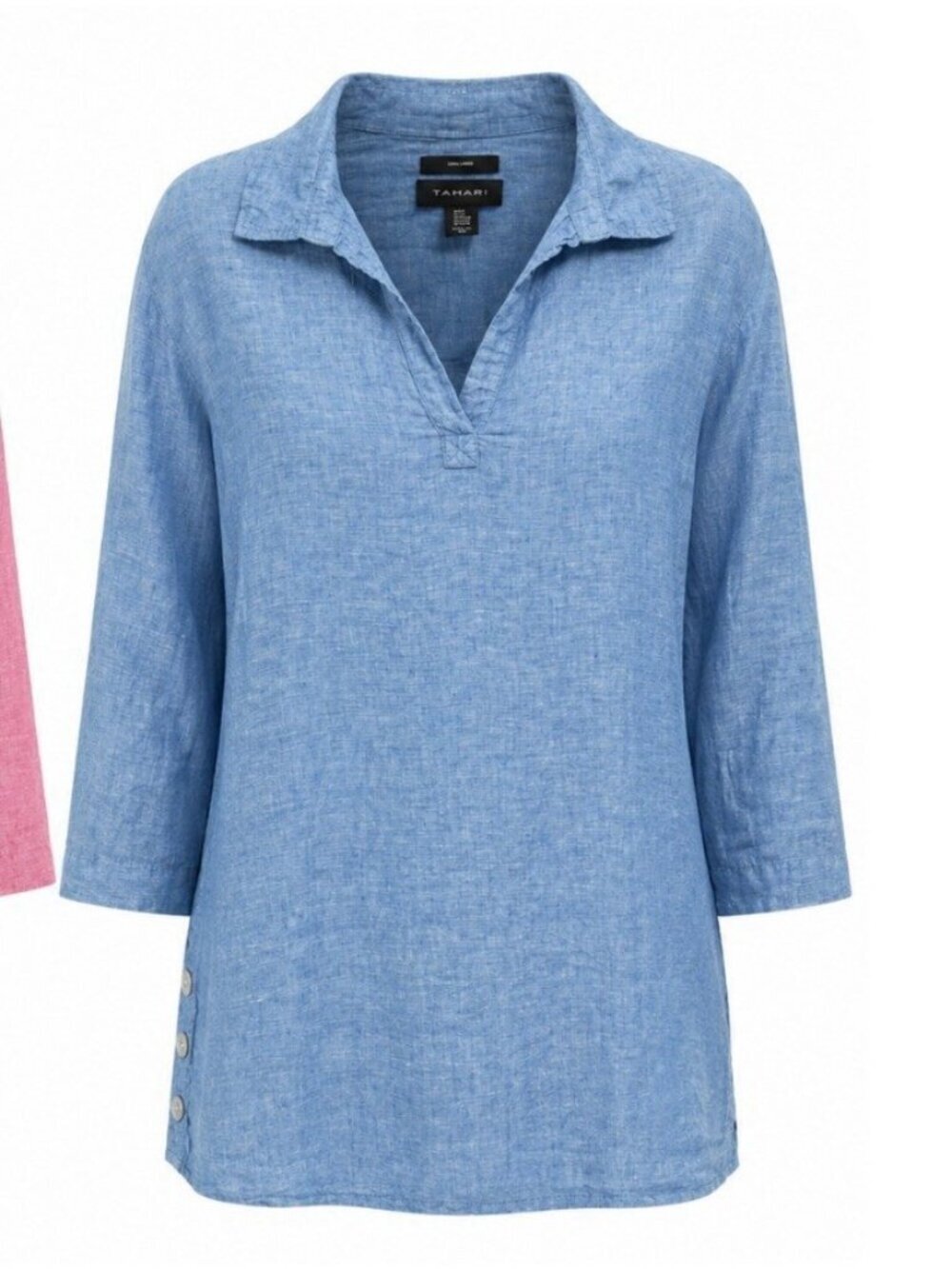 Tahari Linen v neck Popover Top Women’s 2X Blue 3/4 sleeve side button coastal